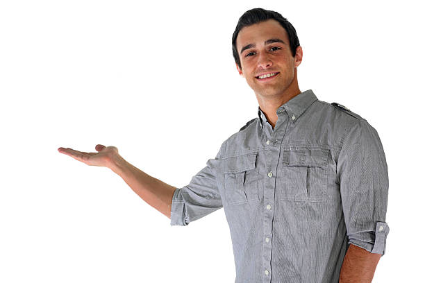 Happy casual male arm out presenting