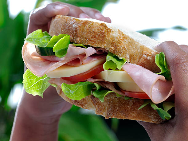 istock Close-up of big ham sandwich being held in small black hands 182734772