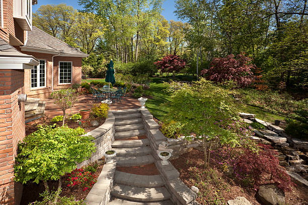 istock Amazing Terraced Garden of Eden Back Yard With Brick Steps 182735238