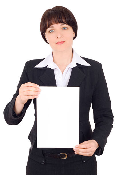 istock businesswoman holding white card 182736165