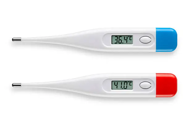 Digital thermometer (Celsius scale).Thermometer that marks a normal temperature andthermometer that marks a high temperature.Photo with clipping path.Similar photographs from my portfolio: