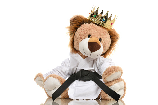 Stuffed lion toy wearing a martial arts uniform and crown.
