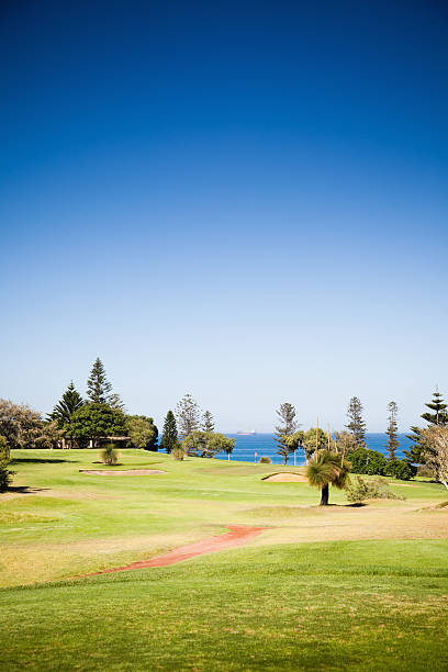Golf Course by the Sea "beautiful golf course with sea view under deep blue and clear sky. Cottesloe, Perth, Western Australia." cottesloe stock pictures, royalty-free photos & images