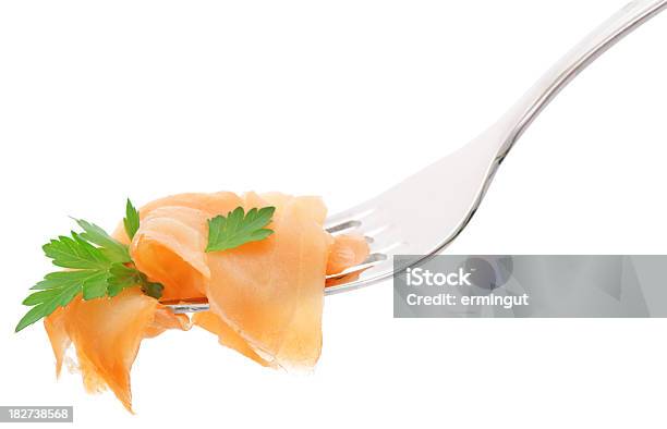 Smoked Salmon And Parsley On Fork Isolated Stock Photo - Download Image Now - Appetizer, Close-up, Cut Out