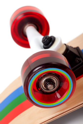 This is a close up of a 1970s style polyurethane skateboard wheel. The top background bleeds to a pure white for endless copy above the wheel.Click on the links below to view lightboxes.