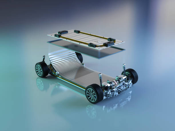 istock Electric car battery with pack of battery cells explode in layer 1827400899