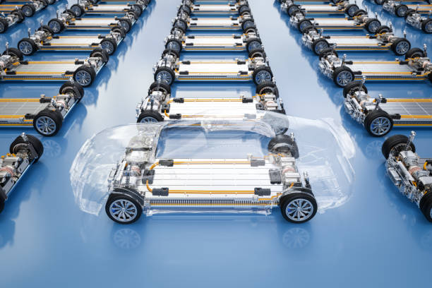 istock Electric cars assembly line with pack of battery cells module on platform 1827400906