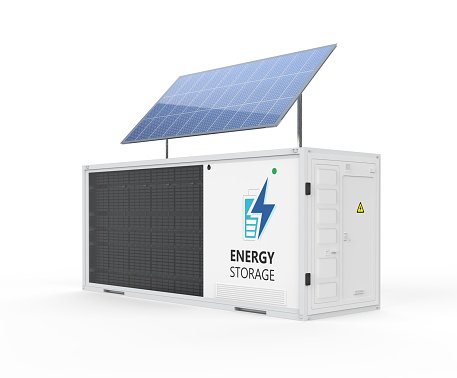 3d rendering energy storage system or battery container unit with solar panels