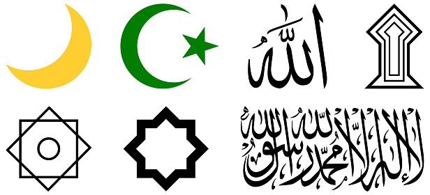 Symbols of Islam: Crescent, Star and crescent, Allah, Shahadah, Rub el Hizb, Khatim, Sujud Tilawa. Vector illustration