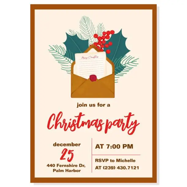 Vector illustration of Christmas party invitation with illustration of watercolor vintage lettering, pine branches and oculus. Beautiful invitation in shades of red, green and brown. Christmas vector illustration