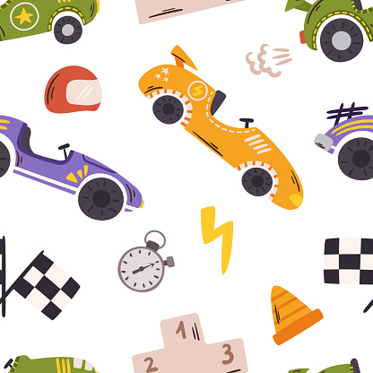 Lively Seamless Pattern Featuring Vibrant Race Cars Speeding Across The Design, Creating An Energetic And Dynamic Tile Suitable For Textiles, Wrapping Papers Or Wallpapers. Cartoon Vector Illustration
