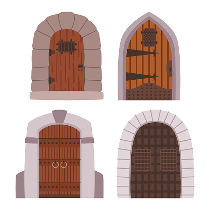 Massive Medieval Castle Doors With Intricate Ironwork, Towering Above With An Air Of Mystery. The Weathered Wood Tells Tales Of Centuries Past, Guarding Secrets Within. Cartoon Vector Illustration