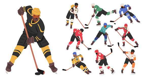 Hockey Players In Action. Agile Skaters Clad In Vibrant Jerseys Fiercely Chase The Puck, Sticks Clashing With Excitement. The Ice Rink Echoes With The Exhilarating Energy. Cartoon Vector Illustration