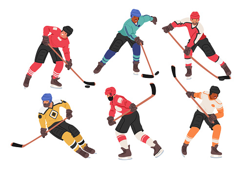 Swift Hockey Players On Ice. Characters Clad In Vibrant Jerseys, Fiercely Pursue The Puck. Sticks Clash, Faces Masked, They Epitomize The Spirit Of Intense Competition On The Rink. Vector Illustration