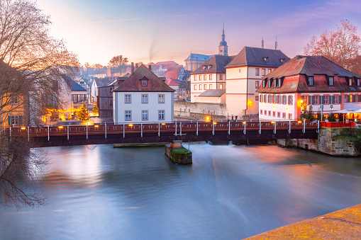 Aerial view of Old town and Regnitz river at sunrise in Bamberg, Bavaria, Germany