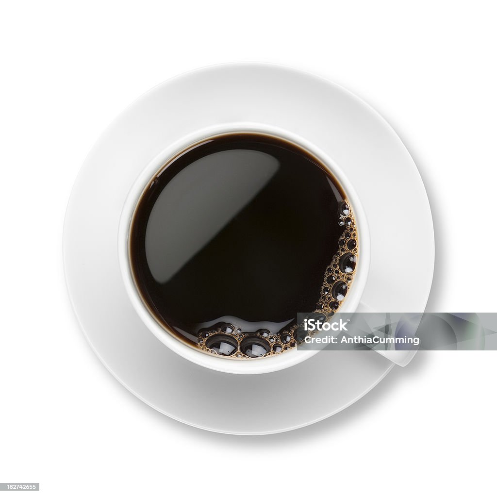 Schwarzer Kaffee mit Blasen in weißen Kaffeetasse mit Untertasse - Lizenzfrei Kaffee - Getränk Stock-Foto