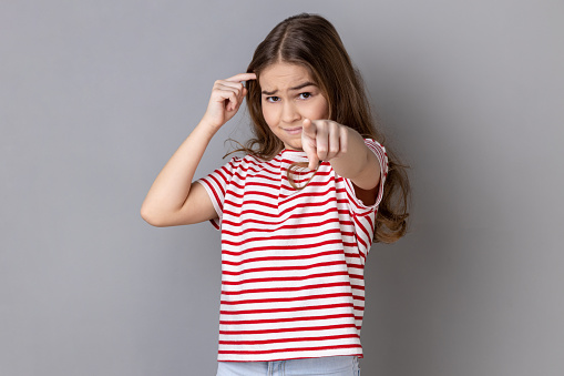 You're idiot with insane crazy plan. Little girl wearing striped T-shirt showing stupid gesture and pointing to camera, accusing of dumb idea. Indoor studio shot isolated on gray background.