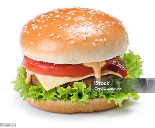 Hamburger Foto de stock y más banco de imágenes de Alimento - Alimento, Bocadillo, Bollo con semillas de sésamo