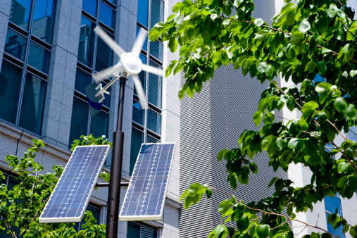 Modern building using renewable energy. Lightbox.Renewable energy