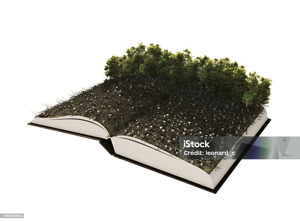 Deforestation Story Ecology concept: aerial view of a forest  in a book. Clear cut in progress. Computer generated. Subtle grain texture added.Similar images here: Alder Tree Stock Photo