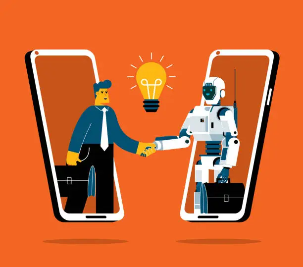 Vector illustration of shaking hands - smart phone - Businessman