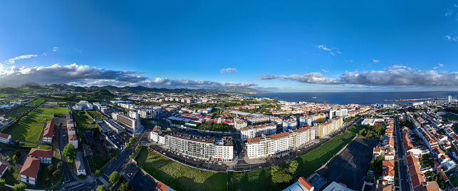 Aerial view of Ponta Delgada on the island of Sao Miguel in the Azores of Portugal.