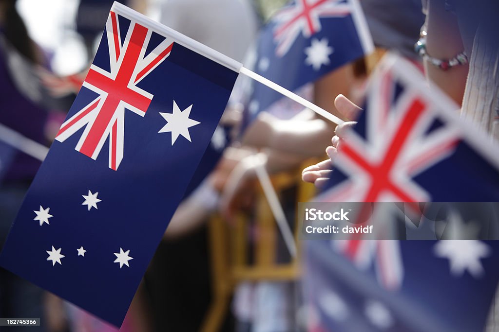 Australian Flag March Australian flags at a march or event Australia Day Stock Photo