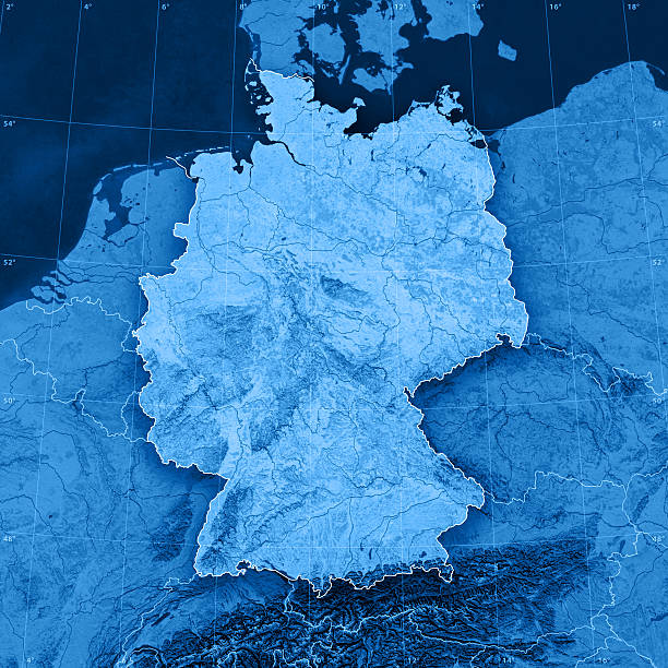 Germany Topographic Map "3D render and image composing: Topographic Map of Germany. Including national borders, rivers and accurate longitude/latitude lines. High resolution available! High quality relief structure!Relief texture and satellite images courtesy of NASA. Further data source courtesy of CIA World Data Bank II database.Note: This image is perfectly congruent to the image" germany stock pictures, royalty-free photos & images
