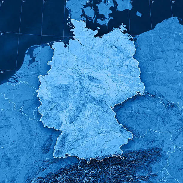 "3D render and image composing: Topographic Map of Germany. Including national borders, rivers and accurate longitude/latitude lines. High resolution available! High quality relief structure!Relief texture and satellite images courtesy of NASA. Further data source courtesy of CIA World Data Bank II database.Note: This image is perfectly congruent to the image"
