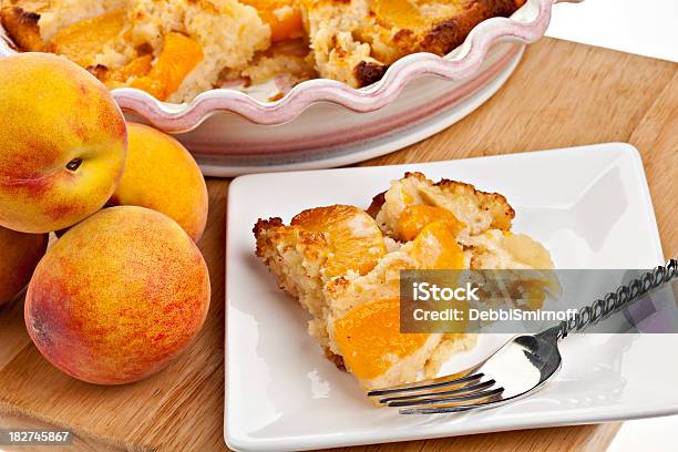 Peach Cobbler On A Plate Stock Photo - Download Image Now - Peach Cobbler, Cobbler - Dessert, Peach