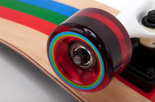 This is a close up of a 1970s style polyurethane skateboard wheel.Click on the links below to view lightboxes.