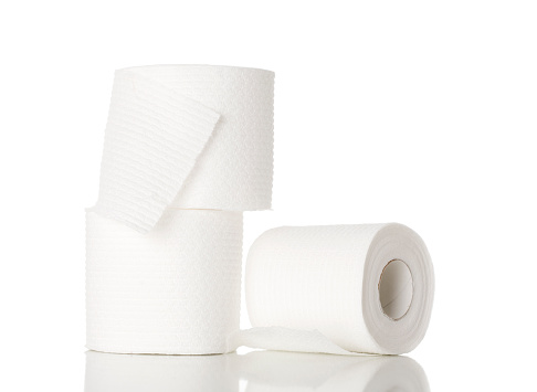 Three rolls of toilet paper on white.