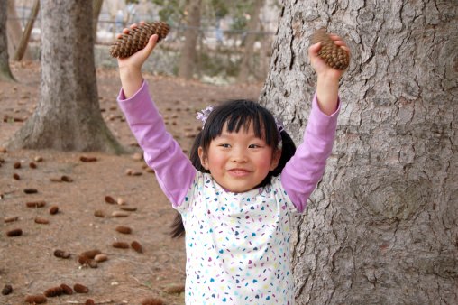 Happy little girl holding the pinecones