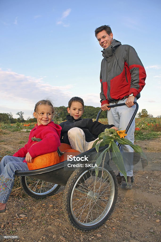 Happy family on pumpkin patch Father pushing his kids and pumpkins in a wheelbarrow. Family day trip to a pumpkin patch. 4-5 Years Stock Photo