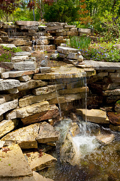istock Landscaped Terraced Back Yard Rock Garden With Waterfall 182748181