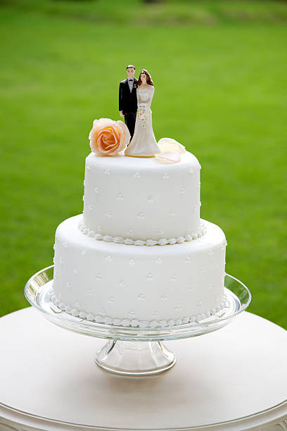 istock Two-tier wedding cake with figurines and rose near grass  182748453