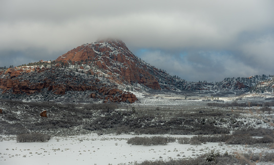 Red Butte Blanketed In Fog and Snow Along Kolob Terrace Road In Zion National Park
