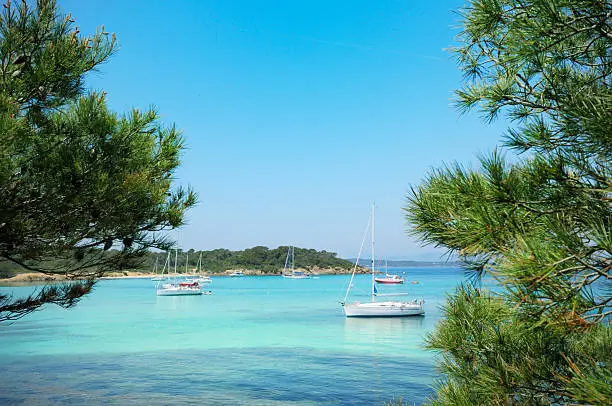 Yachts at anchor in a bay of the island of Porquerolles, French Riviera