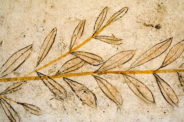 Ancient detail of a Greek fresco representing a branch with leaves in temple of Paestum, Italy.