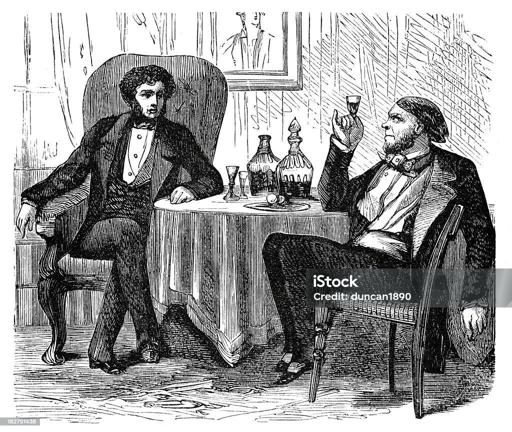 Mr Shelby and Haley "Vintage engraving showing a scene form Harriet Beecher Stowe's novel  Uncle Tom's Cabin or, Life Among the Lowly published in 1852, which had an effect on attitudes toward African Americans and slavery in the United States.  Mr. Shelby is Tom's first master Haley is a slave trader." Victorian Style stock illustration