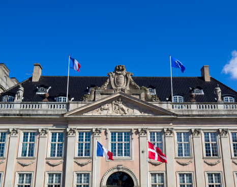 The French embassy in Copenhagen with the Danish and French national flags and the flag of the European Union.