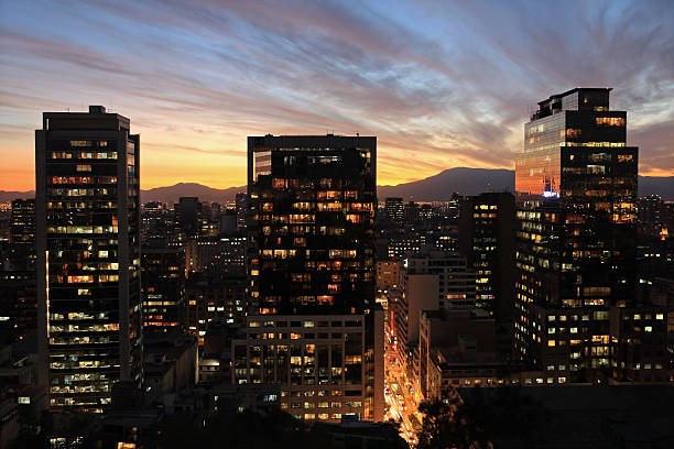 Skyline of Santiago (Chile) by night. View from Cerro Santa Lucia.
