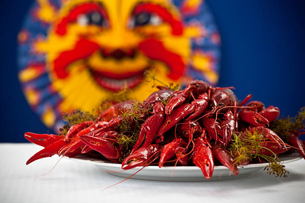 Many colorful crayfish on a plate with dill, blue background stock photo