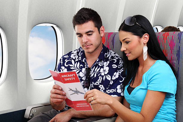 istock Passengers Reviewing An Airplane Safety Card 182752427