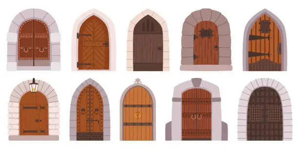 Vector illustration of Cartoon Medieval Gates And Doors. Wooden And Stone Fairytale Arched Entries. Palace Or Castle Exterior Design Elements