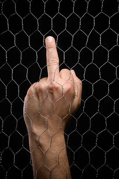 Middle-finger behind chain-link fenceMore: