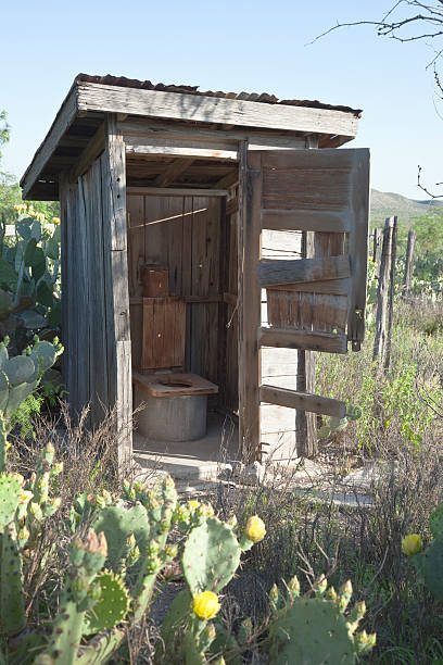 Abandoned Outhouse Among Prickly Pear Cactus Abandoned Outhouse among Prickly Pear Cactus in West Texas Outhouse stock pictures, royalty-free photos & images