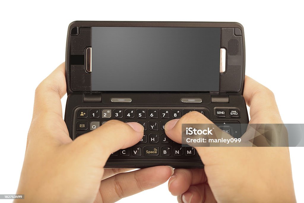SMS on negro teléfono celular - Foto de stock de Agarrar libre de derechos