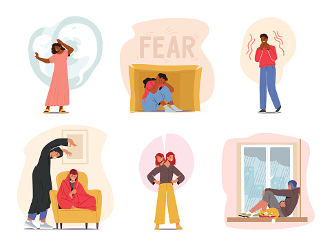 Characters Facing Mental Health Challenges. People Struggle with Anxiety, Fear or Depression, Through Nuanced Emotions, Symbolizing The Complexity Of Mental Wellbeing. Cartoon Vector Illustration