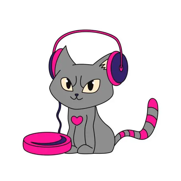 Vector illustration of Emo cat with headphones and old music player. Y2k style. Black subculture. Vector flat illustration isolated on white background.